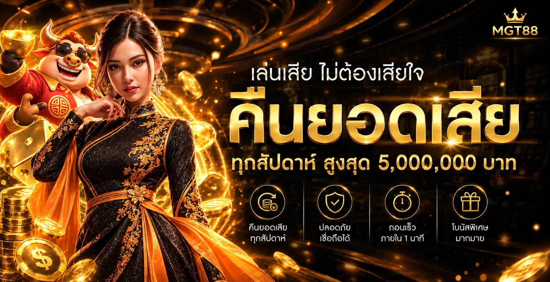 แบนเนอร์ MGT88 คืนยอดเสียพร้อมมาสคอต PG Soft
